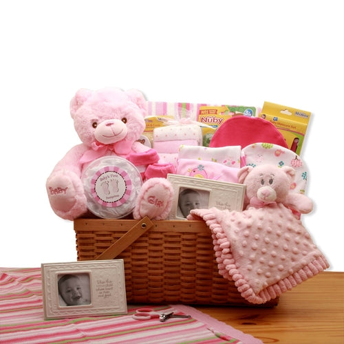 My First Teddy Bear New Baby Gift Basket - Pink-  baby girl gifts